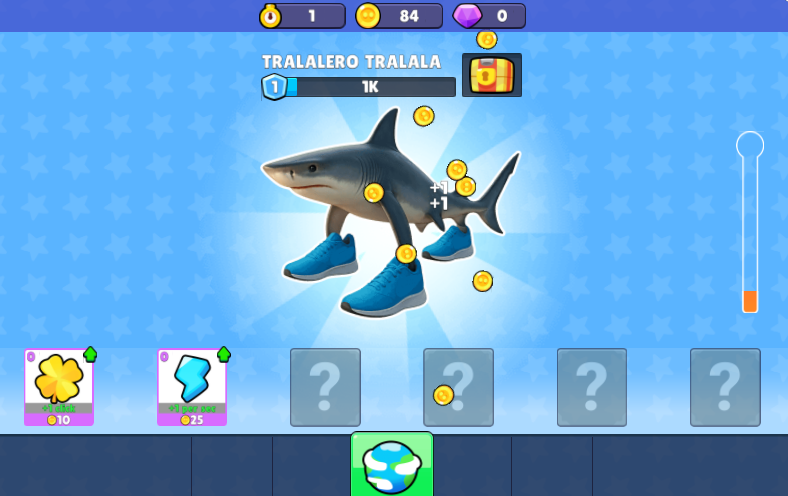 Italian Brainrot Clicker gameplay screenshot showing Bombardino Crocodilo character